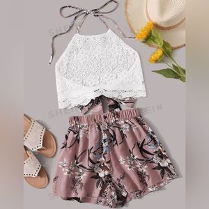 SHEIN VCAY Guipure Lace Tie Back Halter Top & Floral Print Shorts
